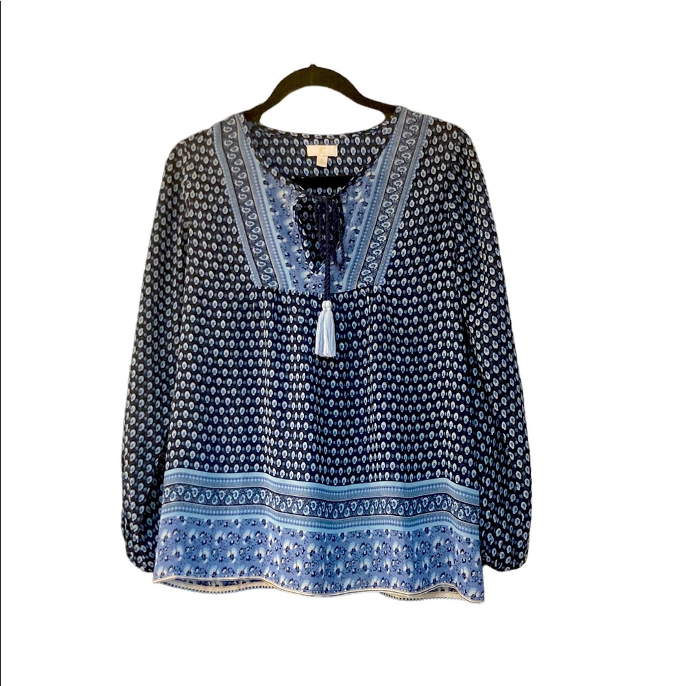 C women’s blouse navy and light blue with blue tassel tie